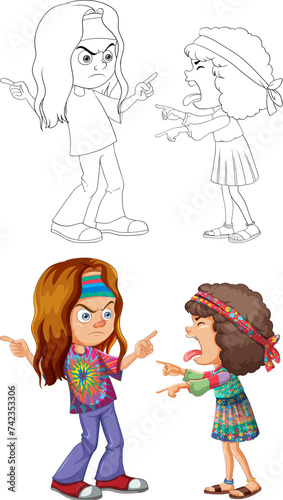 Two animated children arguing, colorful vector illustration.