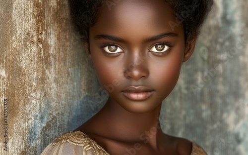 A portrait of a young African American girl with captivating brown eyes
