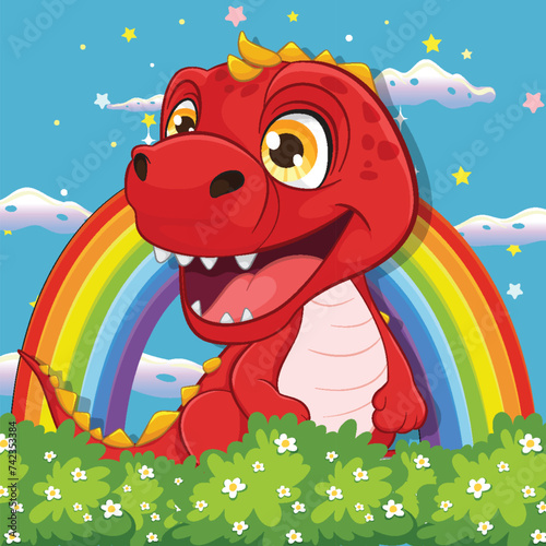 Happy cartoon dragon in a colorful meadow.
