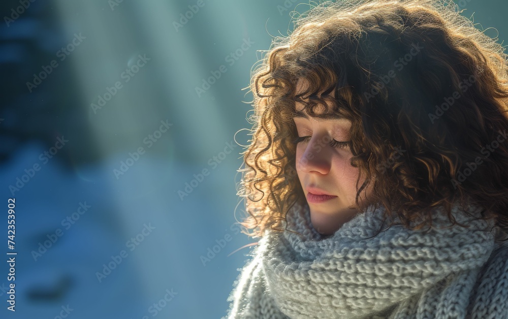 A multiracial woman with curly hair wearing a scarf