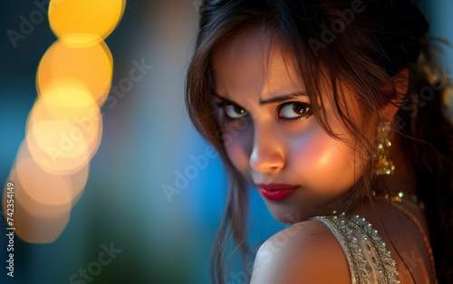 A multiracial woman with blue eyes wearing a white dress