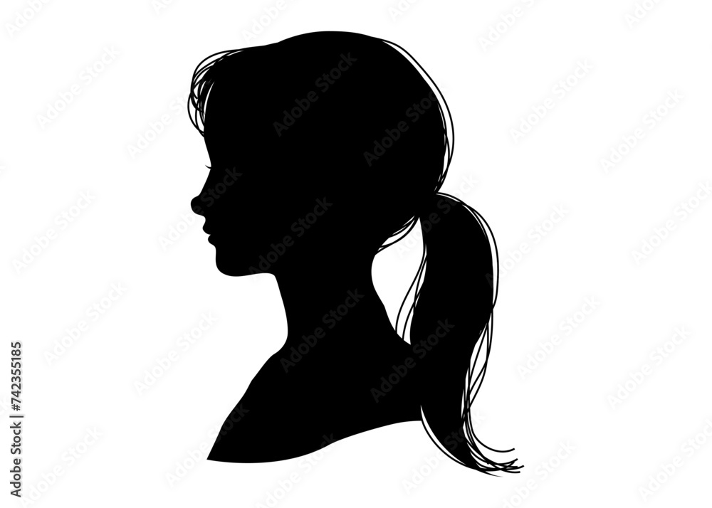 束ねた髪の女性の横顔のシルエットのイラスト