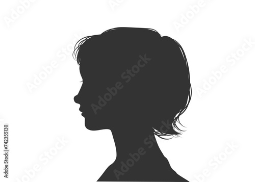 セミロングでくせ毛の女性の横顔のシルエットのイラスト