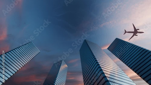 Skyscrapers and business district with plane passing photo