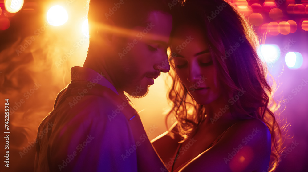 Intimate couple in neon club lights.