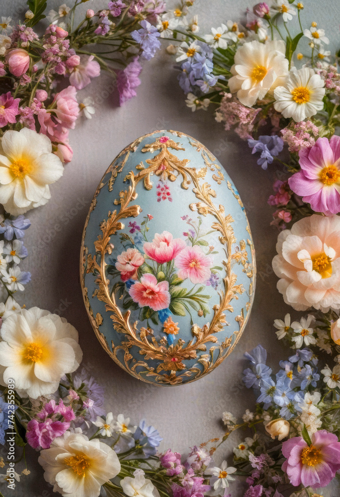 a amazing colorful easter egg and delicate little flowers, Art Deco, Barroco, Rococo, minimalistic photo a amazing colorful easter egg and delicate little flowers, Art Deco, Barroco, Rococo, minimalistic photo