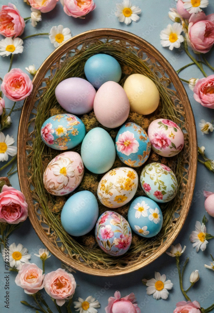 a amazing colorful easter egg in the basket and delicate little flowers, minimalistic photo a amazing colorful easter egg in the basket and delicate little flowers, minimalistic photo