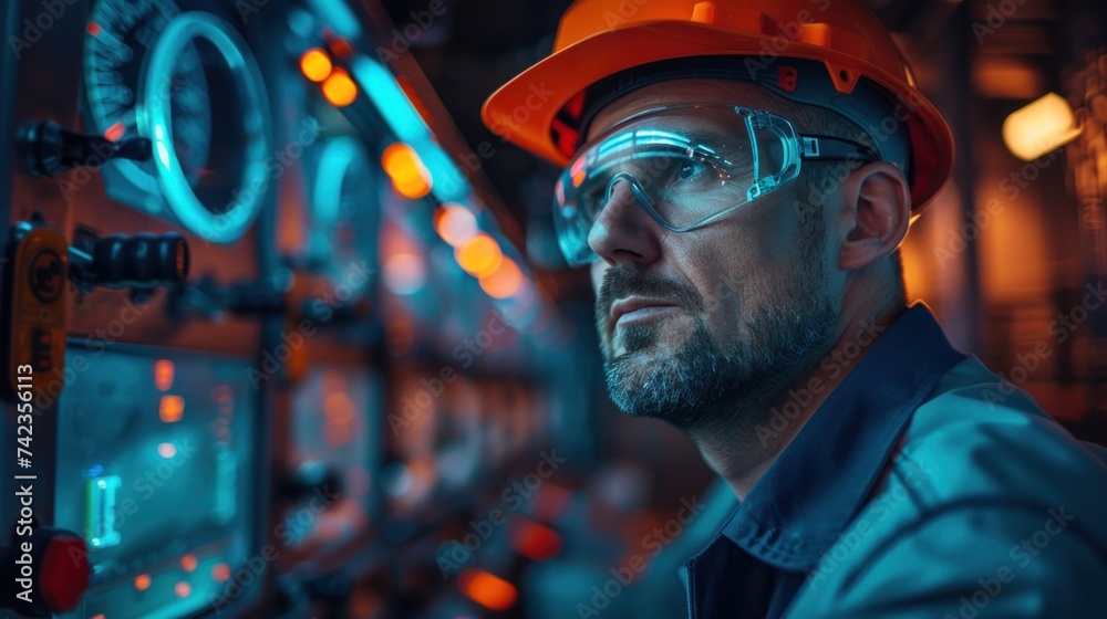 Engineers man programming machines to process recycled plastic materials efficiently on the control room background. Engineers man programming machines to process recycled plastic materials efficiently on the control room background.