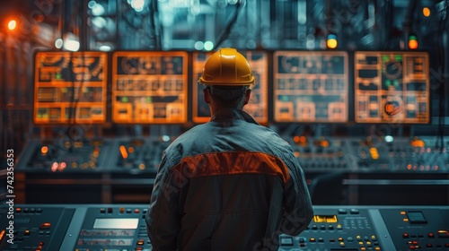 Engineers man programming machines to process recycled plastic materials efficiently on the control room background.