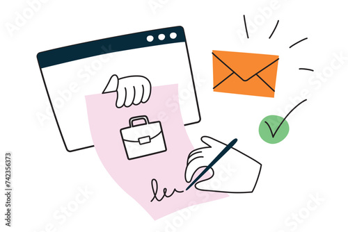 Signing business contract composition, online agreement, job offer, vector illustration of hand writing on paper sheet, signature on document, hr manager hiring worker, recruitment concept