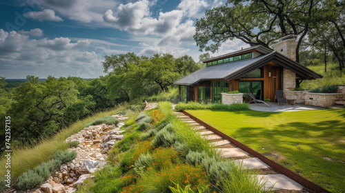 This secluded Meadow Home offers the perfect blend of natural beauty and sustainable living with a lush green roof and native landscaping that complements the landscape. © Justlight