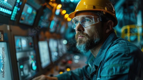 Engineers man programming machines to process recycled plastic materials efficiently on the control room background.