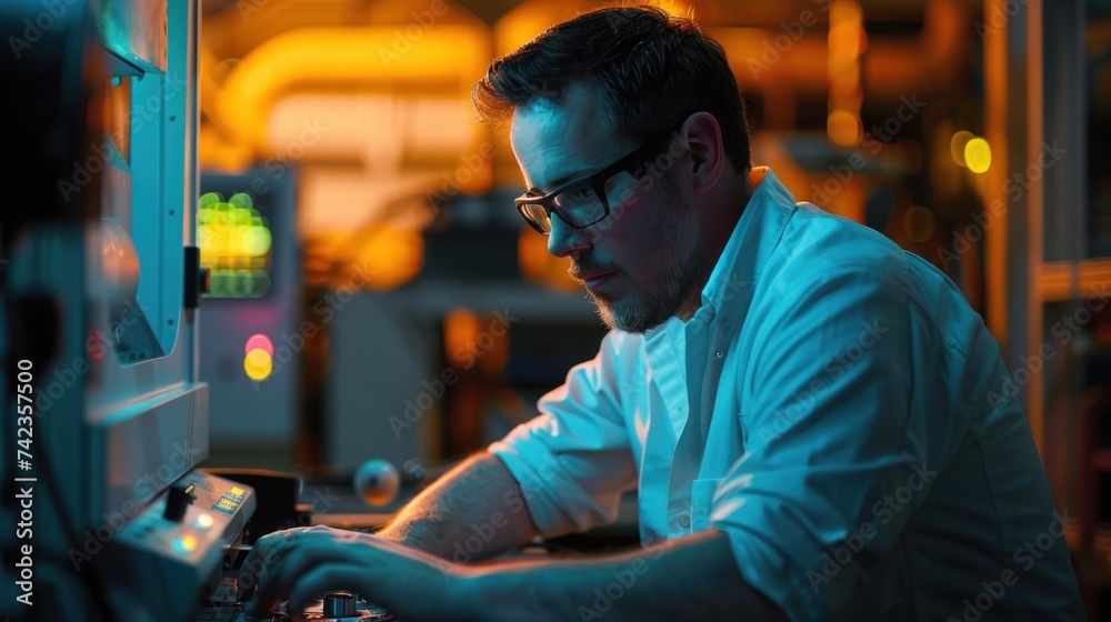 Engineers man programming machines to process recycled plastic materials efficiently on the control room background. Engineers man programming machines to process recycled plastic materials efficiently on the control room background.