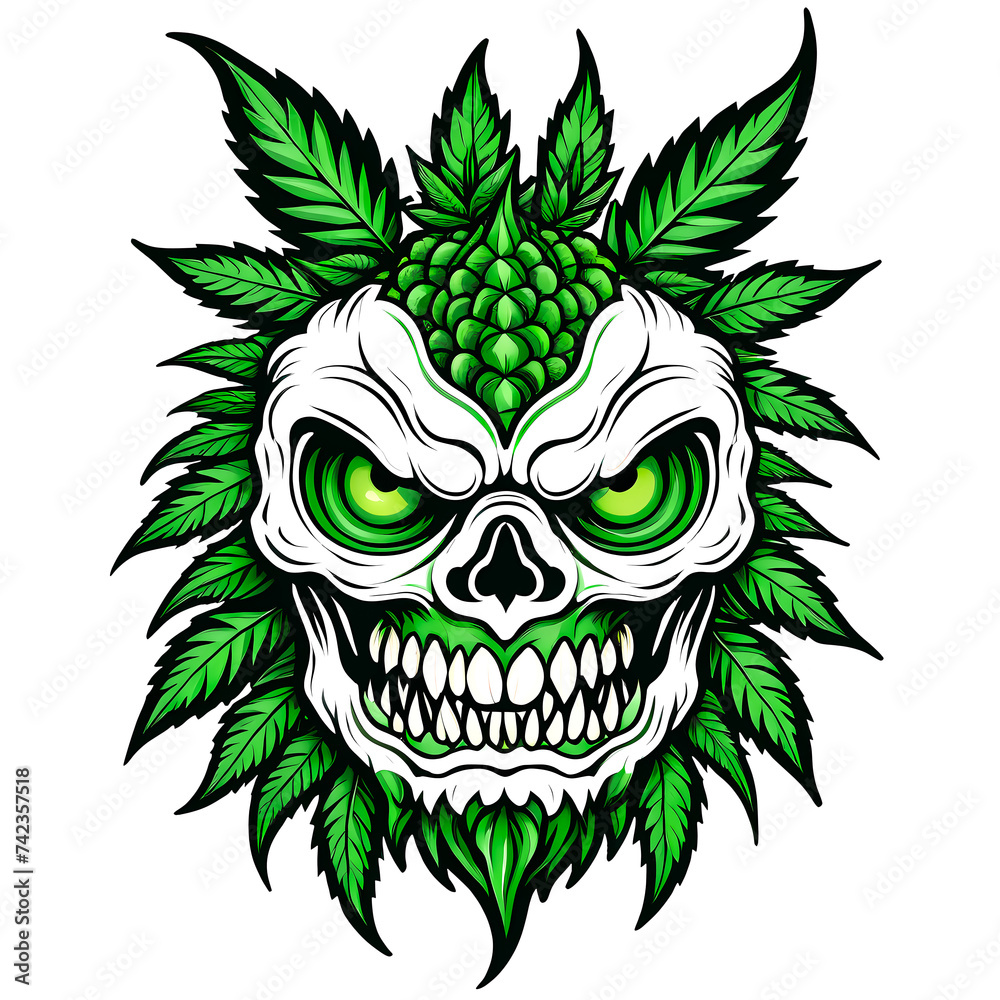 Monster made of cannabis leaves v0.3, flat vector Illustration logo, on white transparent background