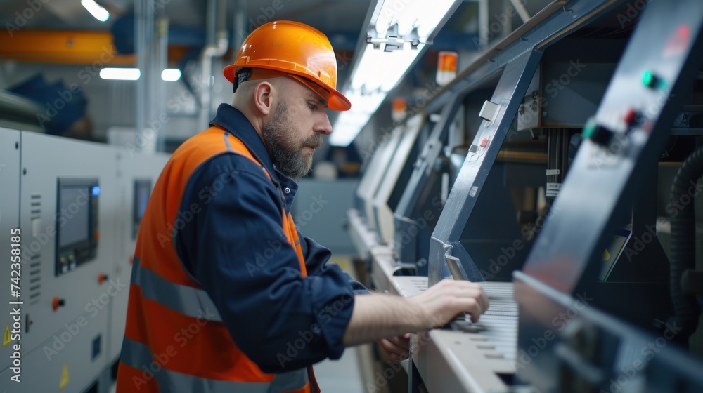 Engineers man programming machines to process recycled plastic materials efficiently on the control room background. Engineers man programming machines to process recycled plastic materials efficiently on the control room background.