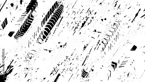Tire tread marks, isolated wheel texture, tire marks - drift, rally, races, off-road, motocross. Distressed overlay texture of rusted peeled metal. grunge Vector isolated texture with grunge effect