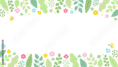 Refreshing leaves and colorful flower frame background, stylish hand-drawn illustration / 爽やかな葉っぱとカラフルな花のフレーム背景、かわいい手描きイラスト
