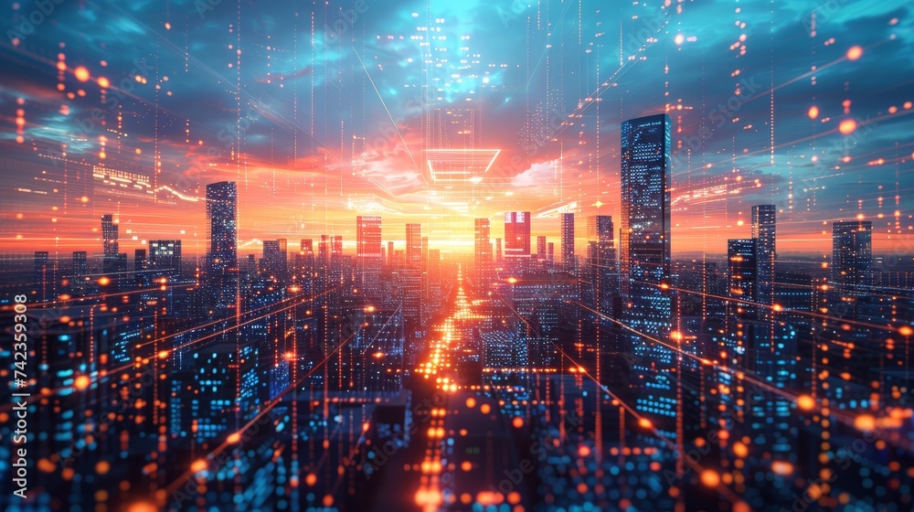 Cybernetic Cityscape at Sunset with Data Network Overlays
