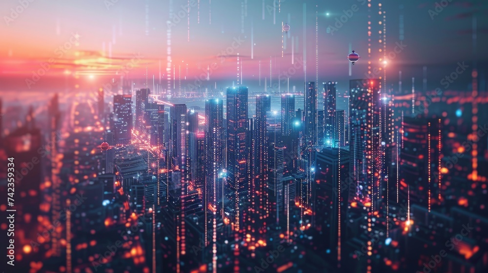 Cybernetic Cityscape at Sunset with Data Network Overlays