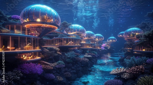 An underwater city illuminated by bioluminescent flora and fauna, with domed habitats and coral skyscrapers.