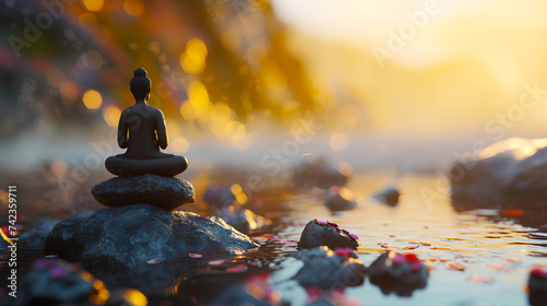 A sitting and meditating Buddha figure on a rock by a small river - Format 16:9