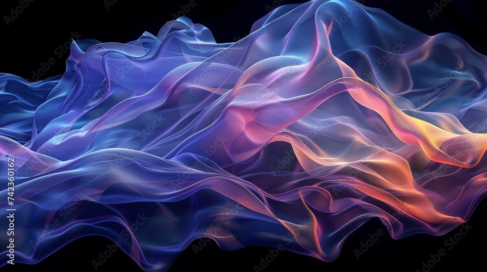 A 3D visualization of an abstract, flowing fabric suspended in space, with each thread glowing in gradient hues.