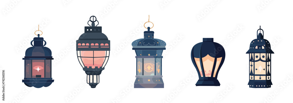 hanging Islamic lantern light set. Turkish ancient kerosene lamp collection. Middle east old lamp for Ramadan or Eid Mubarak concept. flat style isolated vector illustration hanging Islamic lantern light set. Turkish ancient kerosene lamp collection. Middle east old lamp for Ramadan or Eid Mubarak concept. flat style isolated vector illustration