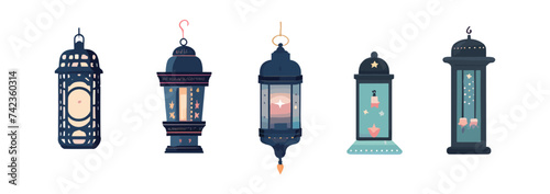 hanging Islamic lantern light set. Turkish ancient kerosene lamp collection. Middle east old lamp for Ramadan or Eid Mubarak concept. flat style isolated vector illustration