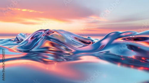 An abstract 3D landscape where metallic fluid forms undulate and merge in an endless sea under a gradient sky.