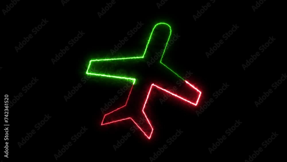 Airplane icon neon fire green red color animation in black background Airplane icon neon fire green red color animation in black background