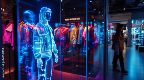 A holographic mannequin displays the latest fashion trends enticing shoppers to try on the outfits virtually before purchasing.