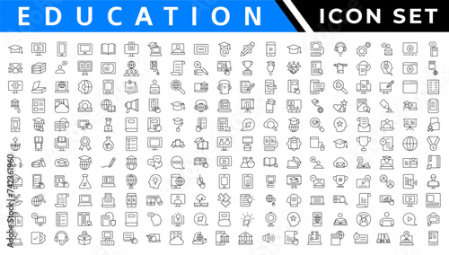 Education and Learning web icons in line style. School, university, textbook, learning. Vector illustration