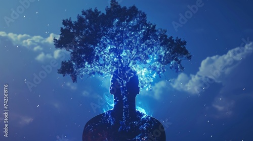 An otherworldly hologram portrait of a person with a holographic tree growing out of their body representing their rootedness to the natural world. photo