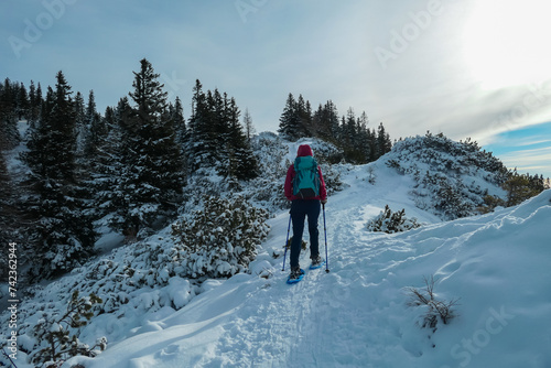 Woman with snowshoes in snow covered meadow on way to Hochanger, Muerzsteg Alps, Styria, Austria. Idyllic hiking trail along alpine snowy meadow and forest. Winter wonderland in remote Austrian Alps