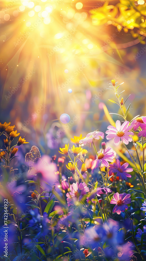 Spring day illustration. Wallpaper of spring flowers hit by sun light