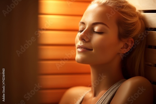 A serene 25-year-old Swedish woman enjoying the benefits of Infrared Sauna Therapy, embracing relaxation and detoxification photo