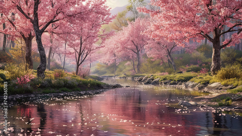 Asian garden with Sakura trees and pond. Landscape with cherry blossom falling in lake with bokeh light. Springtime fine art background.