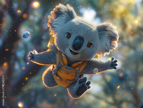 Minimalist Koala Wizard in Digital Realm A koala wizard rendered in minimalist 3D visuals conjures digital magic in the asteroid belt animation twinkling