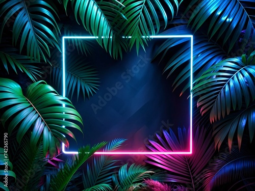 Neon frame with tropical leaves on dark background.