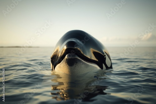 The muzzle of a killer whale sticks out of the seawater. He looks at the camera. Close to the camera.