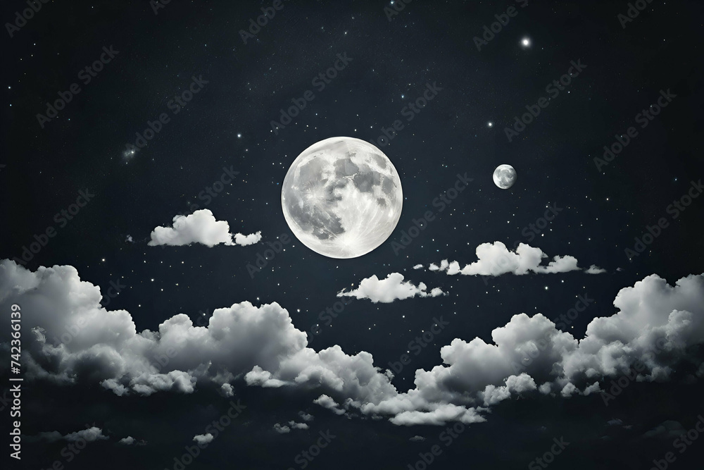 Night sky and clouds with moon and stars, pixels art blank background