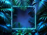 Neon frame with tropical leaves on dark background.