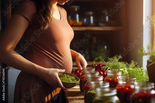 Pregnant woman selecting fresh herbs and spices to enhance the flavor of her meals while adhering to New Food Restrictions and FDA guidelines for safe and enjoyable culinary experiences during pregnan photo