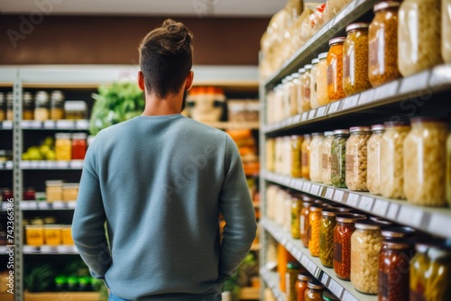A shopper carefully selecting gluten-free and organic produce from the shelves, adhering to New Food Restrictions for a healthier lifestyle, with FDA-approved labels visible 