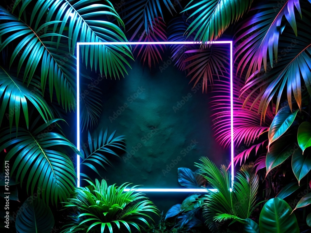 Neon frame with tropical leaves on dark background.