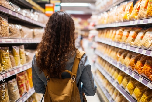 Shopper examining gluten-free and non-GMO options in the grains aisle, following New Food Restrictions to support a balanced and wholesome diet, with FDA-certified labels photo