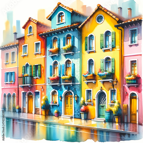 A watercolor painting featuring a charming scene of four small, colorful buildings lined up next to each other © Sathiya