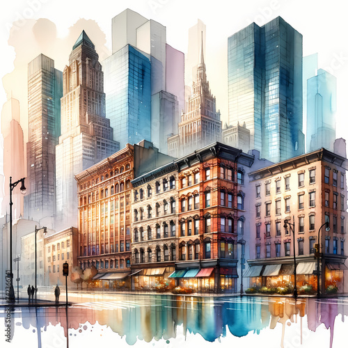  A watercolor painting that captures the essence of a cityscape with four distinct buildings