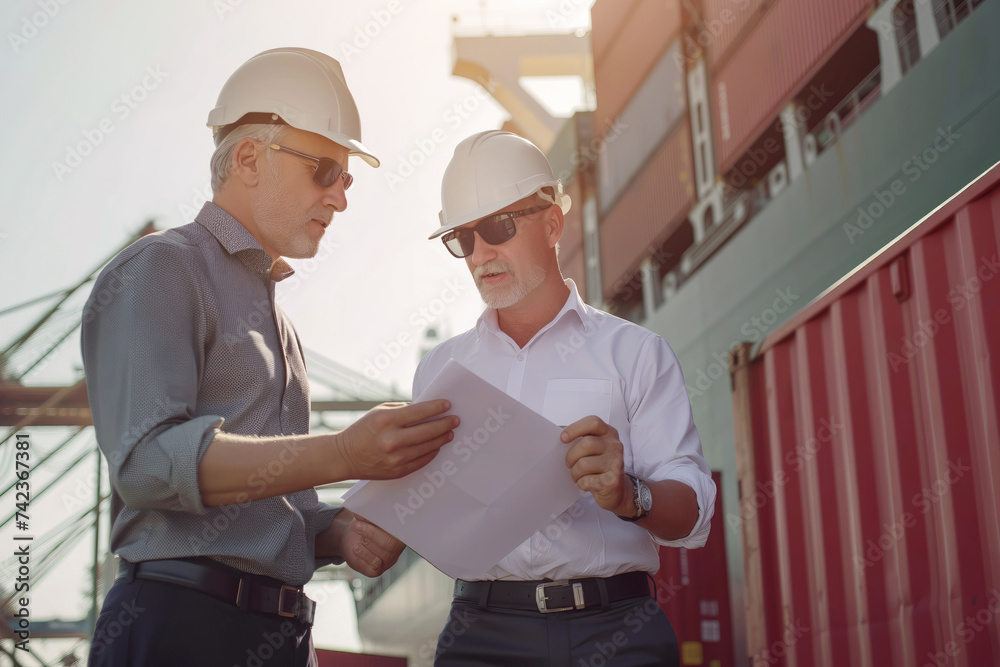 Two engineering professionals in hard hats are examining a blueprint together Two engineering professionals in hard hats are examining a blueprint together