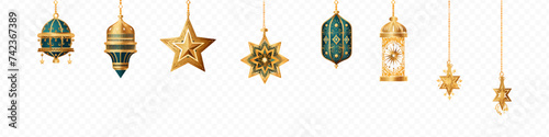hanging Islamic lantern light set. Turkish ancient kerosene lamp collection. Middle east old lamp for Ramadan or Eid Mubarak concept. watercolor style isolated vector illustration